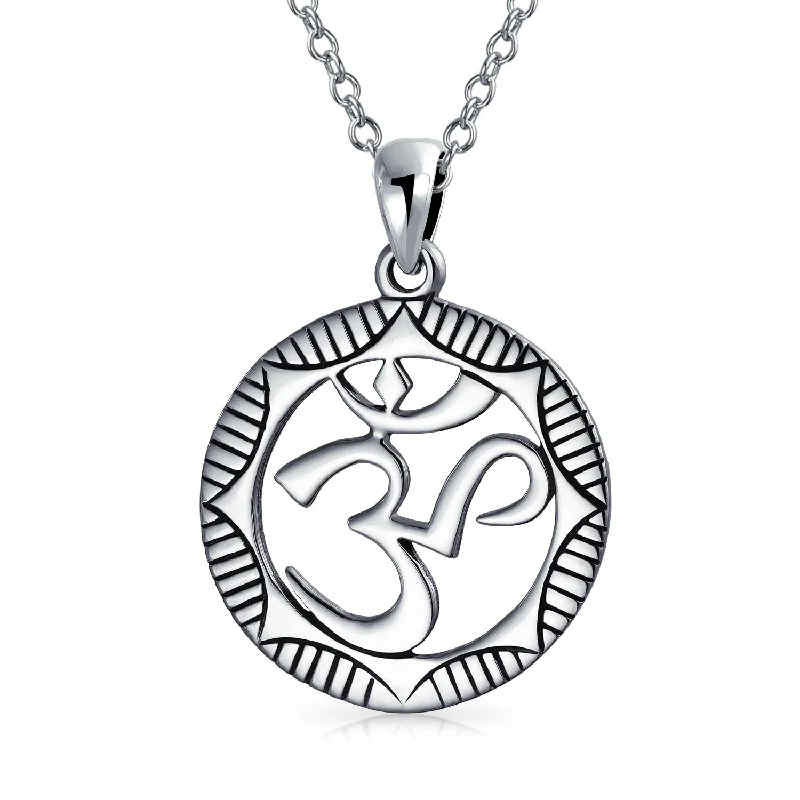 Silver Necklace with Charms-Round Sanskrit Aum Om Pendant Necklace in Oxidized Sterling Silver