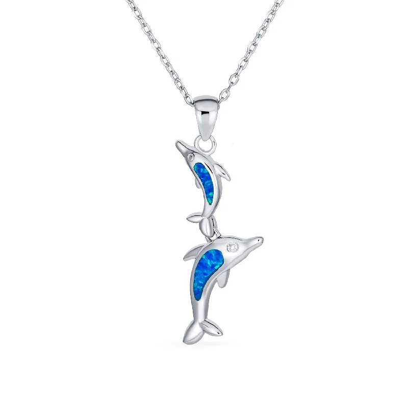 Silver Necklace with Charms-Gemstone Blue Opal Nautical Pendant Necklace with Dolphins in Sterling Silver