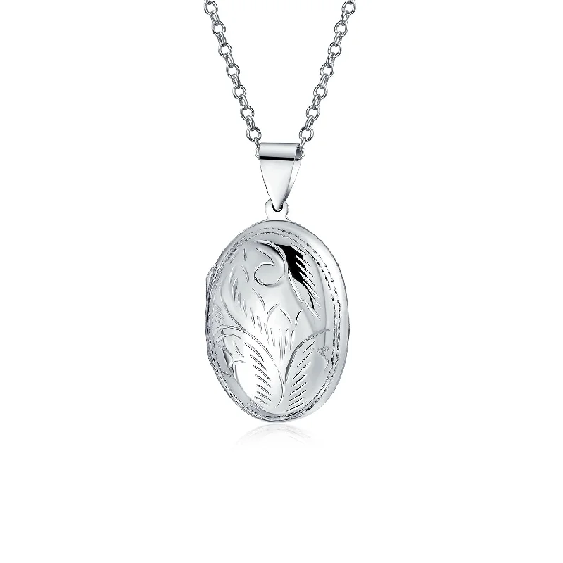 Large Pendant Gold Necklace-Vintage Floral Leaf Oval Locket Necklace Pendant for Photos Silver Small