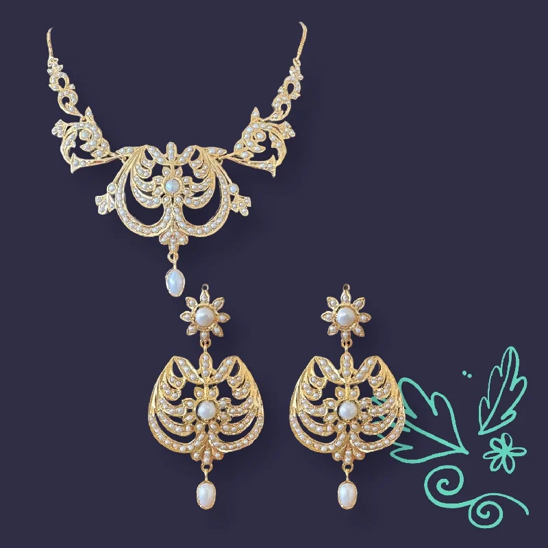 Classic Gold Necklace for Women-Gold plated silver necklace earrings set in fresh water pearls ( READY TO SHIP)