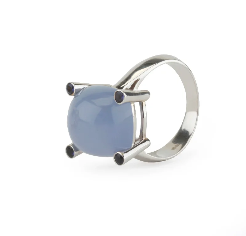 Diamond Ring for Women-18kt White Gold Small Cushion Ring with Cabochon Chalcedony and Iolite