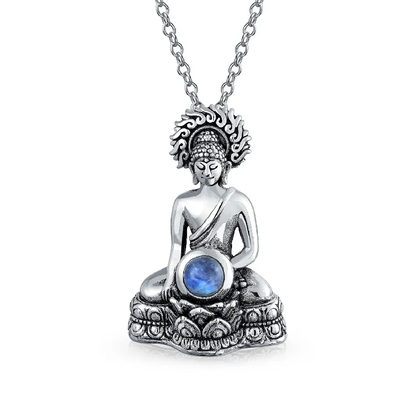 Unique Pendant Necklace-Yogi Rainbow Moonstone Buddha Pendant Necklace in Oxidized Sterling Silver Chain