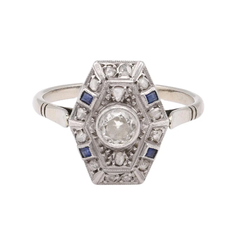 Elegant Diamond Ring-Art Deco Old European Cut Diamond Sapphire 18k White Gold Shield Ring