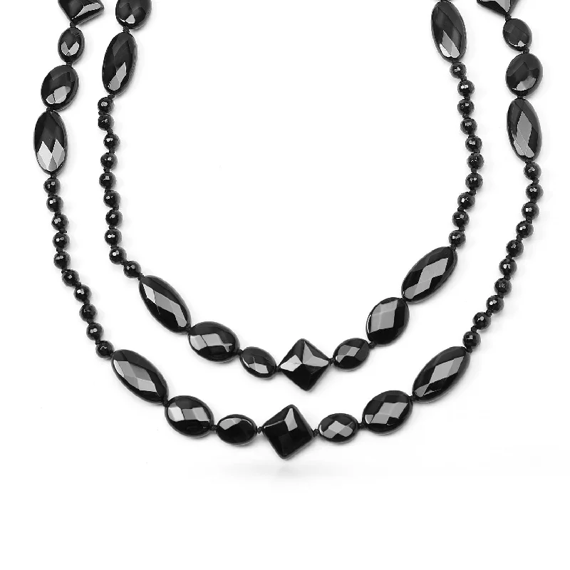 Long Silver Necklace-Geometric Faceted Onyx Beads Long Layering Strand Necklace 53 Inch