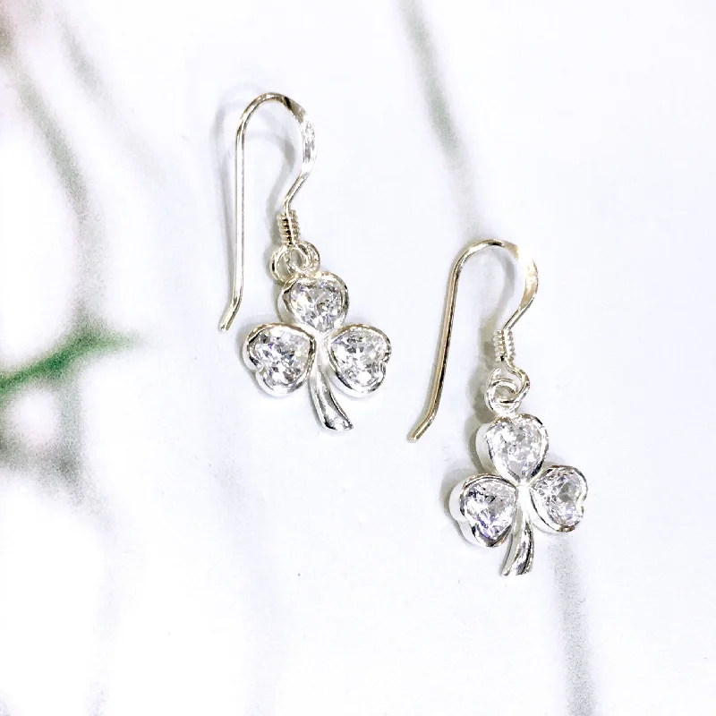 Floral Earrings-Sterling Silver White Zirconia Shamrock Earrings