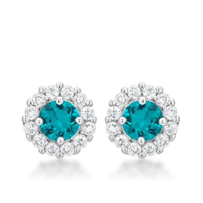 Elegant Wedding Earrings-Belle Aqua Blue Halo Stud Earrings | 2ct