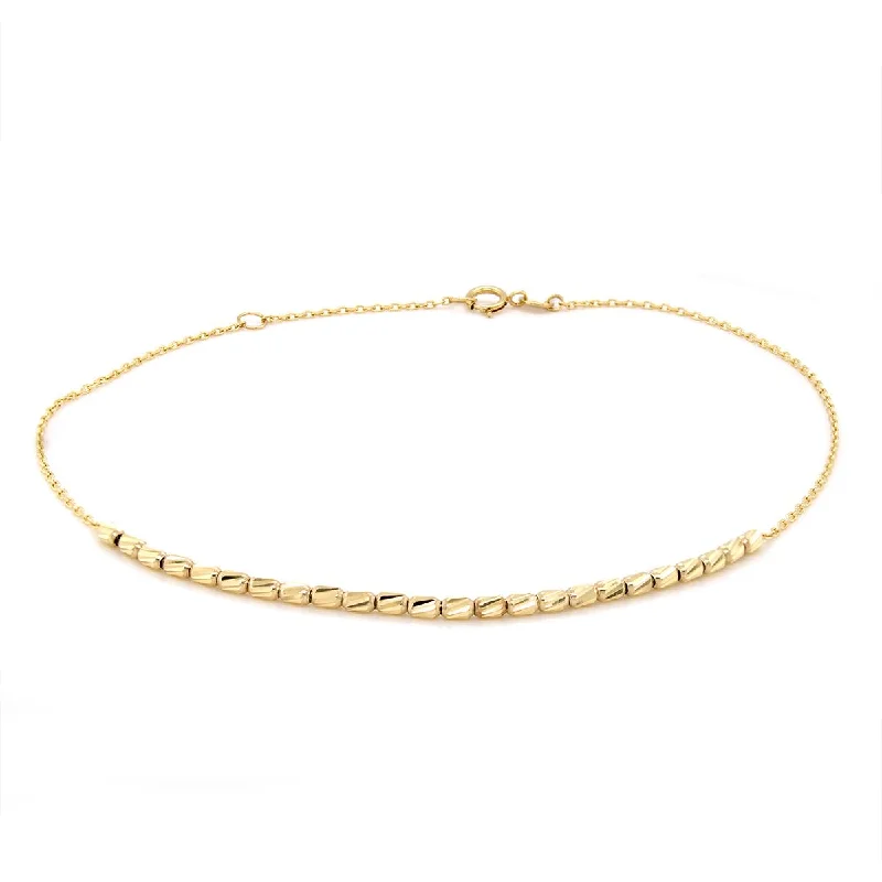 Silver Beaded Bracelet-YELLOW GOLD ANKLET WITH BAR OF DIAMOND CUT BEADS