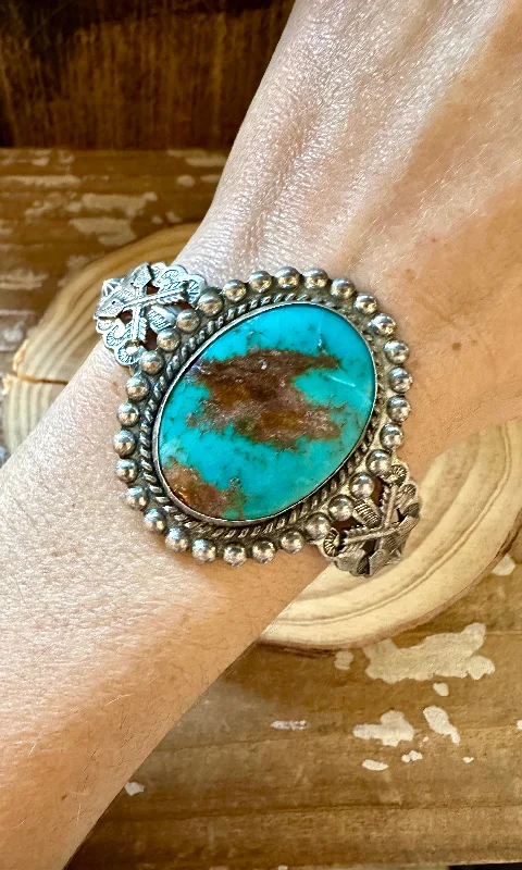 Luxury Beaded Bracelet-JANE YIKAAZBA POPOVITCH Navajo Vintage 30s/50s Turquoise Sterling Silver Cuff 28g