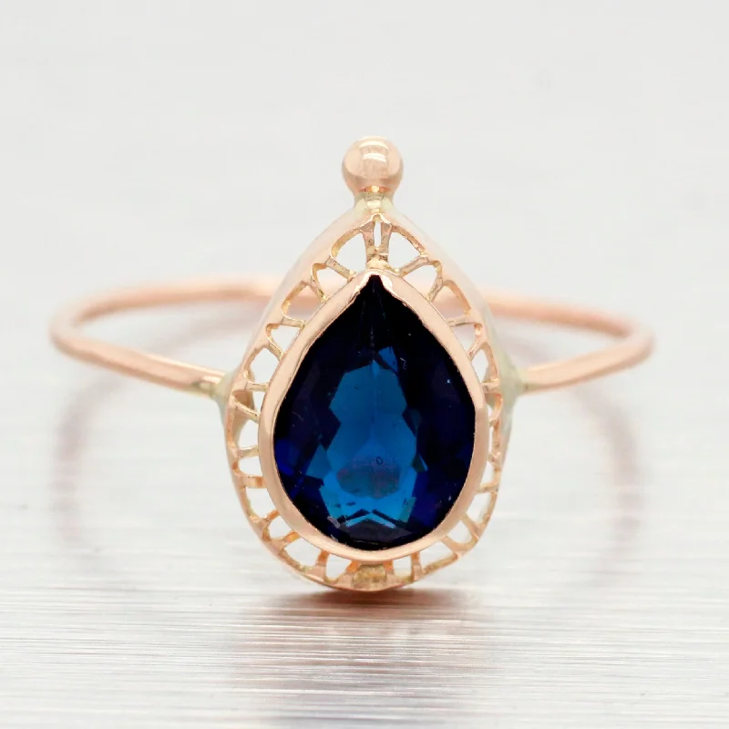 Gold Engagement Ring with Sapphire-Antique Art Deco Blue Stone Cocktail Ring - 14k Yellow Gold Pear Shape - Size 5