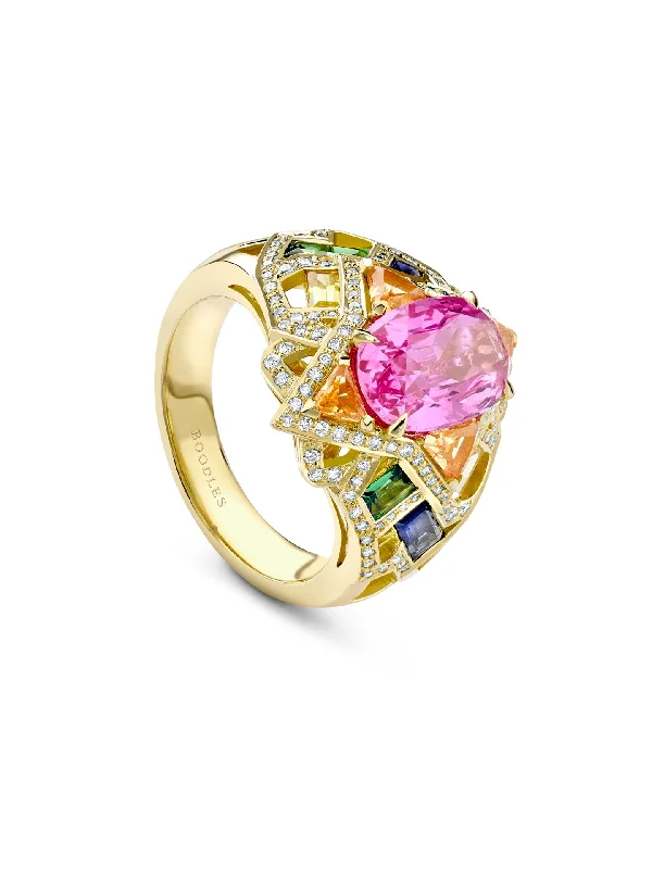 Silver Band Ring-A Family Journey Barcelona Pink Sapphire Yellow Gold Ring