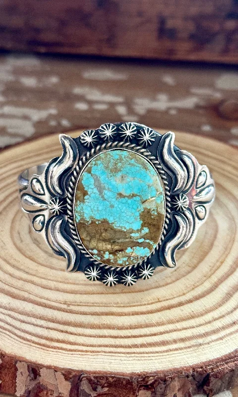 Boho Style Bracelet-JOE DELGARITO Navajo Number 8 Mine Turquoise Sterling Silver Cuff 60g