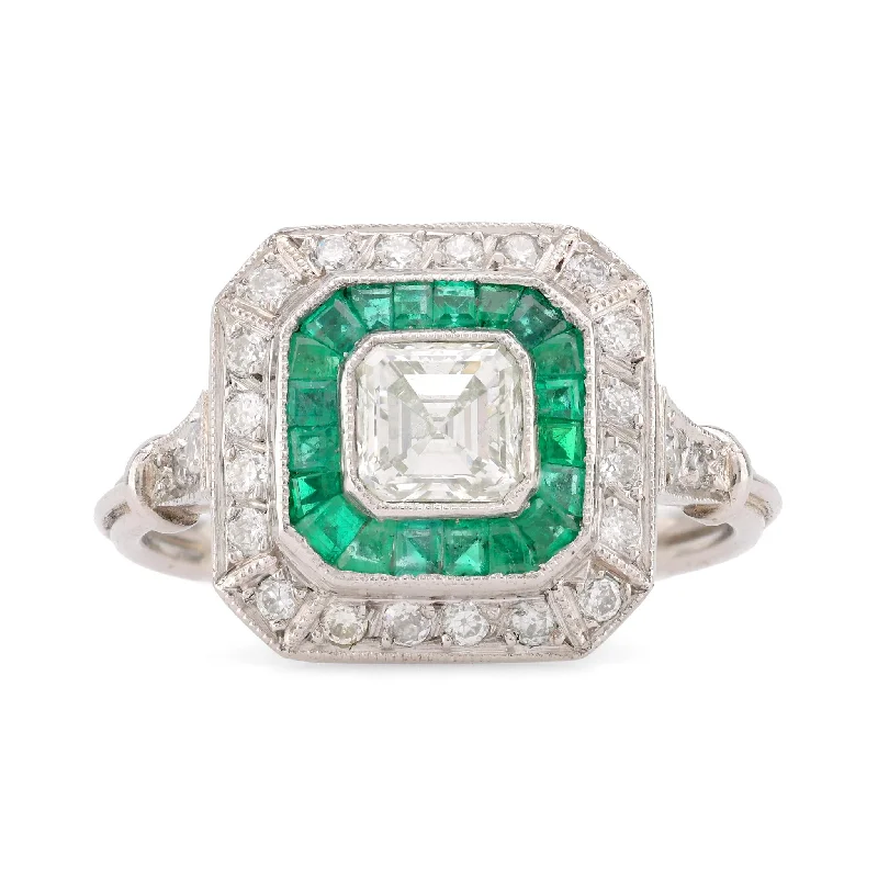 Gold Wedding Band for Men-Art Deco Style Diamond Emerald Platinum Square Halo Ring