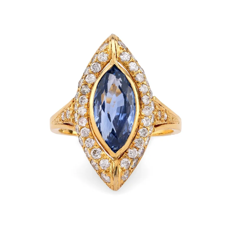 Wedding Ring with Eternity Band-Vintage GIA 2.82 Carat Sapphire Diamond 18K Yellow Gold Navette Ring