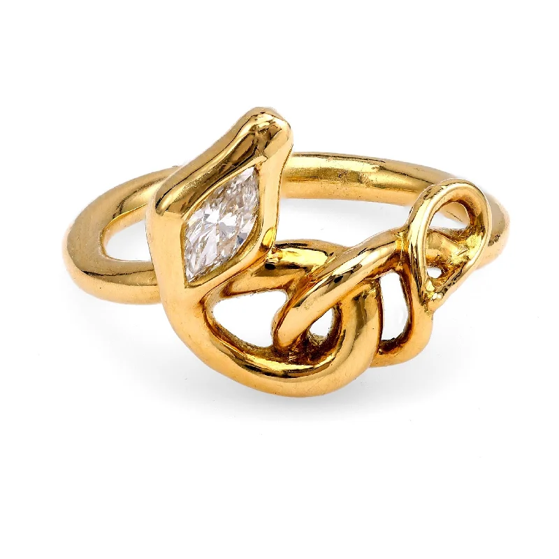 Modern Solitaire Ring-18k Gold Snake Ring with Marquise Diamond