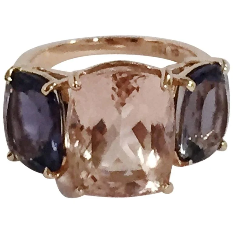 Green Emerald Ring-Morganite Iolite Gold Three Stone Cushion Ring