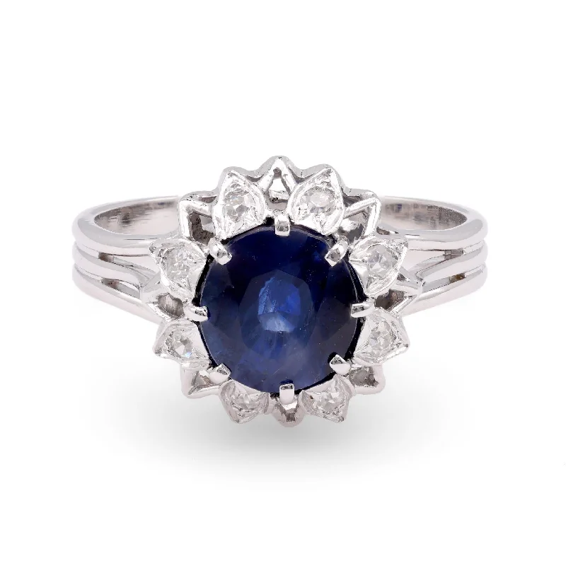 Engagement Ring with Side Stones-Mid-Century GIA 2.21 Carat Oval Sapphire Diamond 18K White Gold Ring