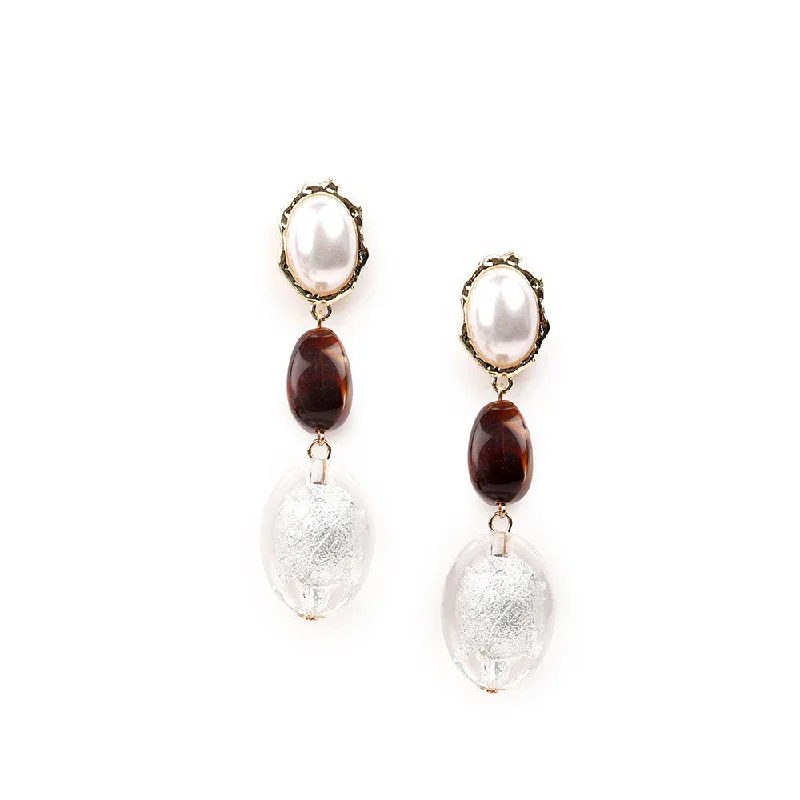 Sterling Silver Drop Earrings-Odette White and Brown Silver Beaded Drop Earrings