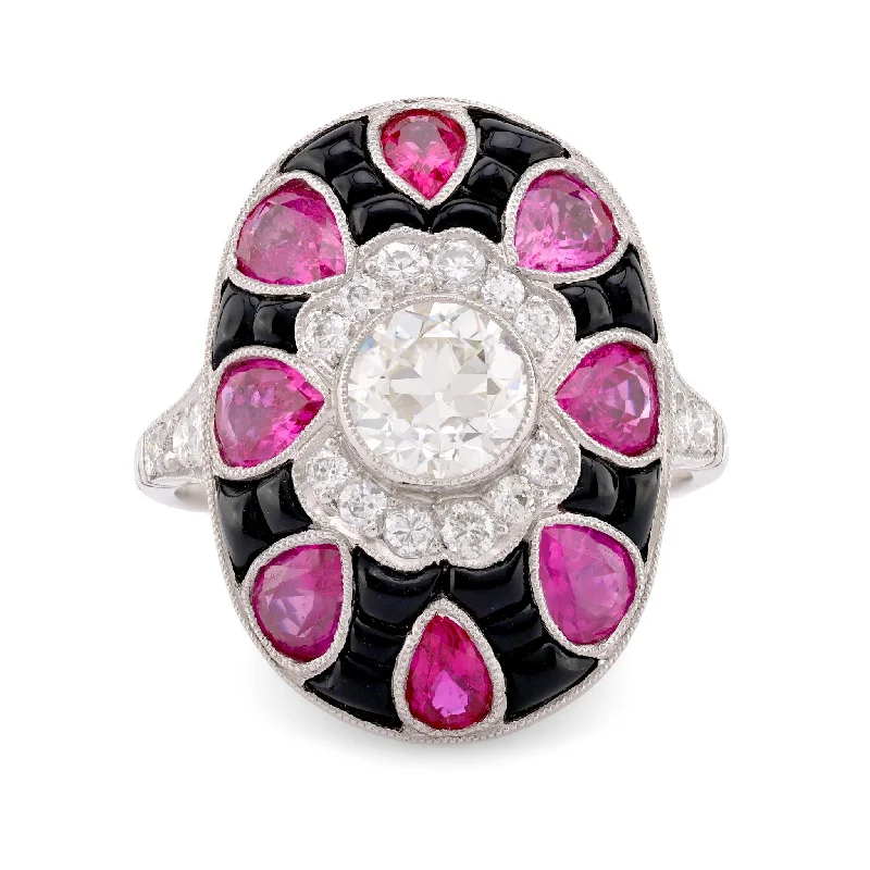 Gemstone Wedding Ring Set-Art Deco Style Diamond Ruby Onyx Platinum Ring