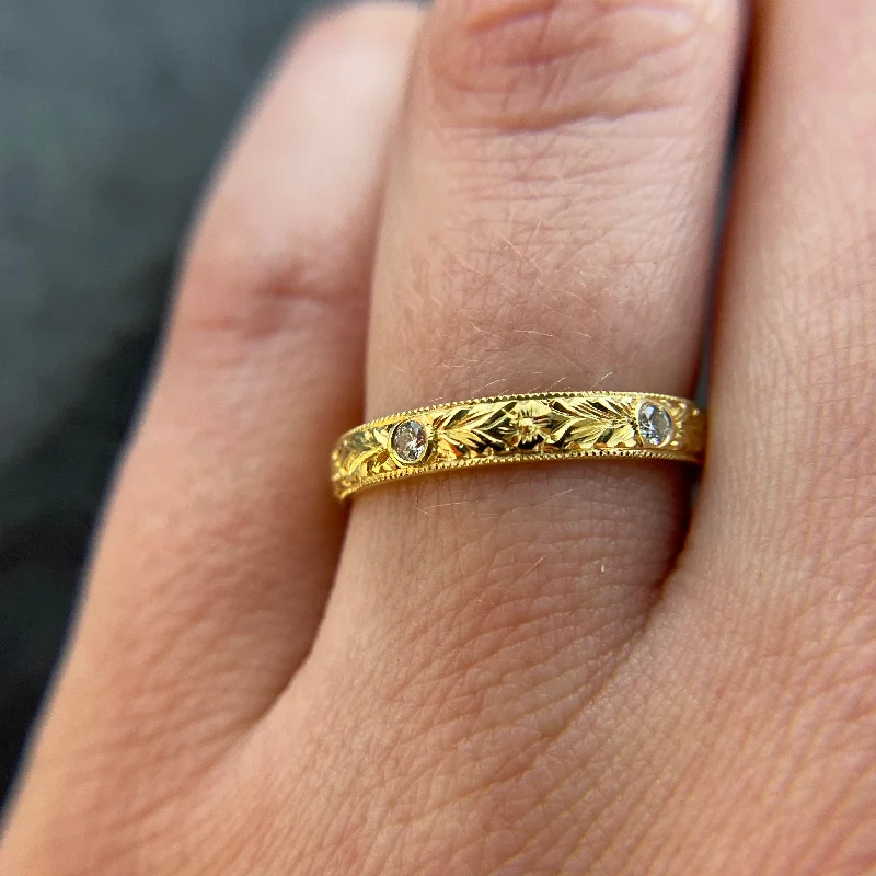 Antique Gold Ring-Hand Engraved Ring w Five Diamonds