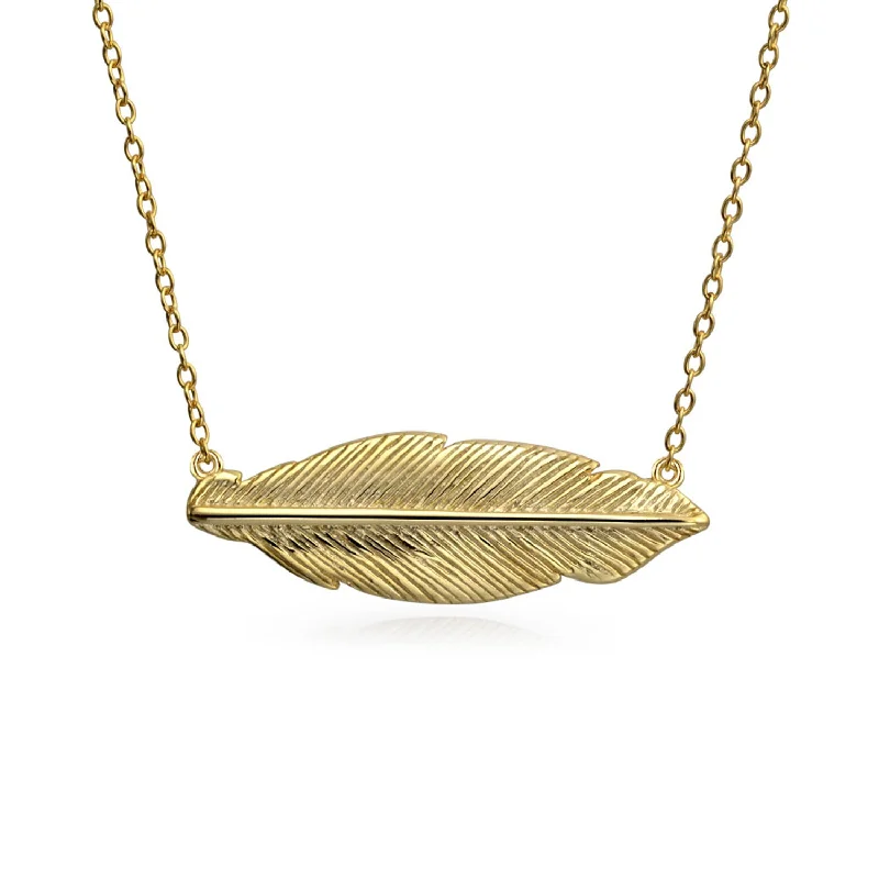 Natural Gemstone Necklace-Native American Style Feather Leaf Pendant Necklace in 14K Gold Plated Silver