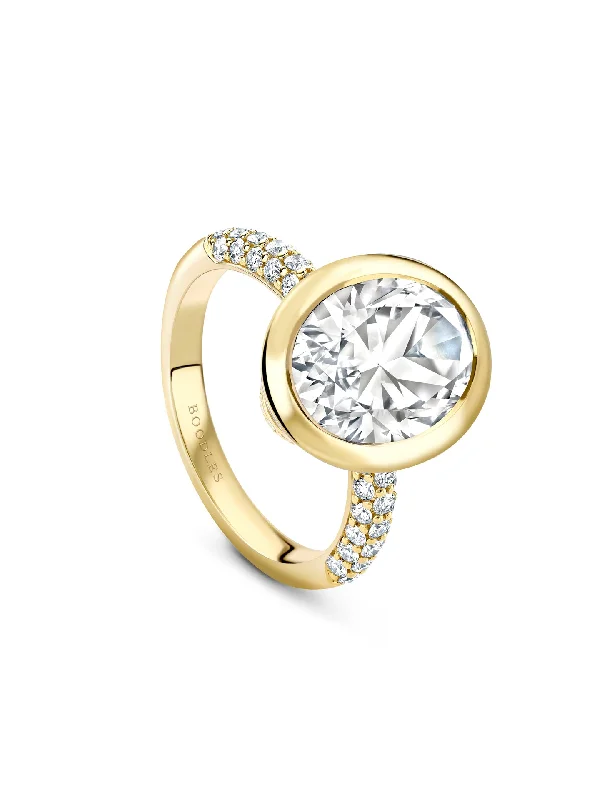 Silver Solitaire Ring-Florentine Oval Diamond White Enamel Yellow Gold Ring