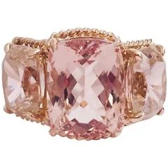 Silver Ring for Men-Elegant Three Stone Morganite and Pink Topaz Ring with Gold Rope Twist Border