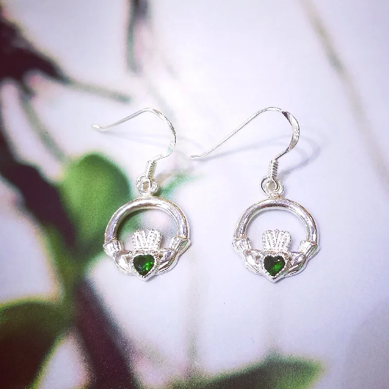 Hoop Earrings with Charms-Sterling Silver Green Zirconia Claddagh Earrings