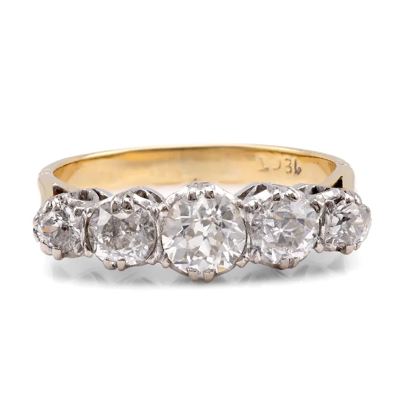 Gold Cocktail Ring-Edwardian Diamond 18K Yellow and White Gold Five Stone Band